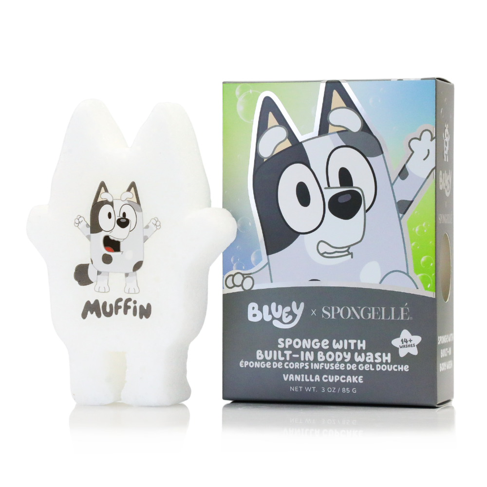 Muffin Vanilla Cupcake full-size kids body wash-infused bath buffer by Spongellé
