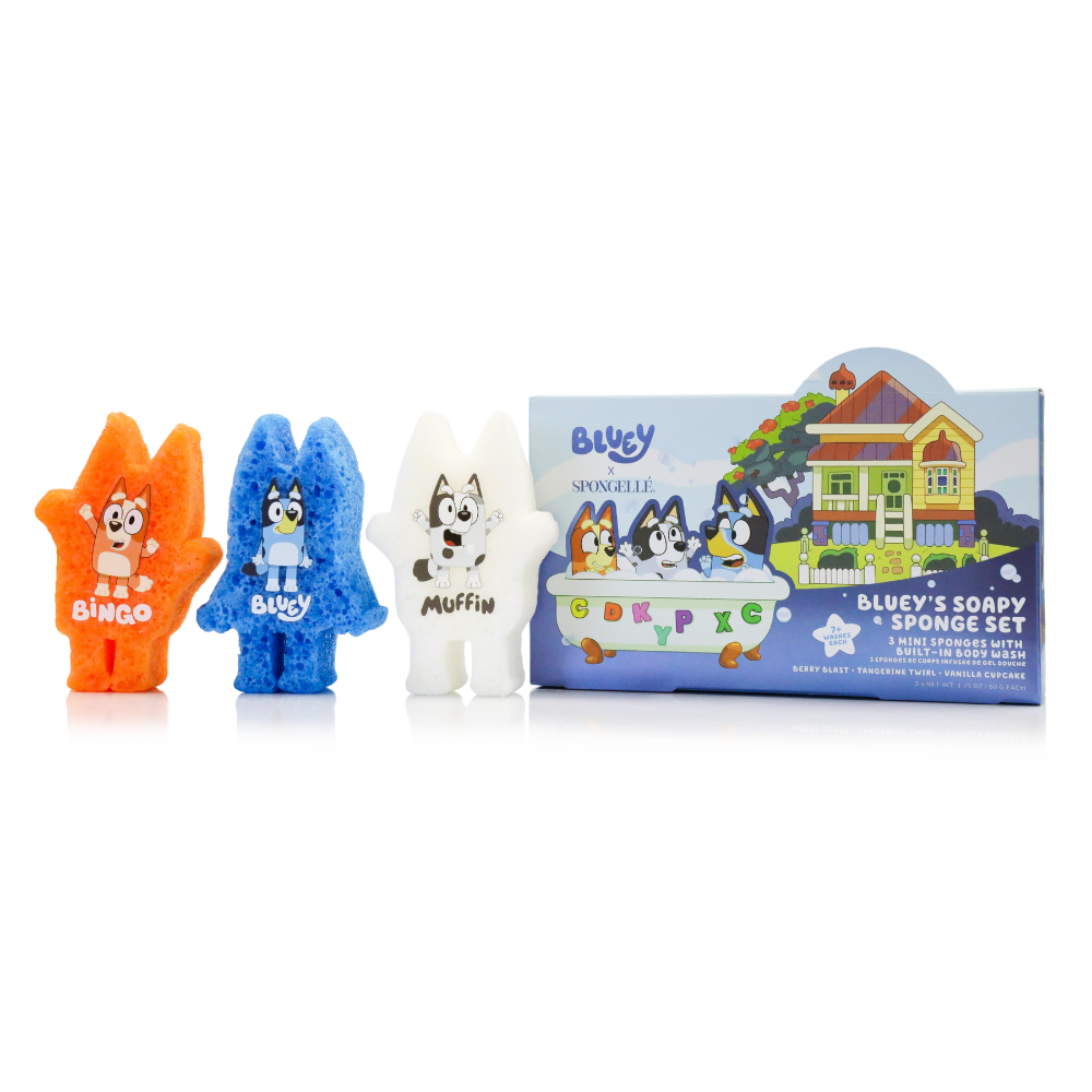 Bluey x Spongellé kids bath gift set with three travel-size body wash buffers: Bluey, Bingo and Muffin