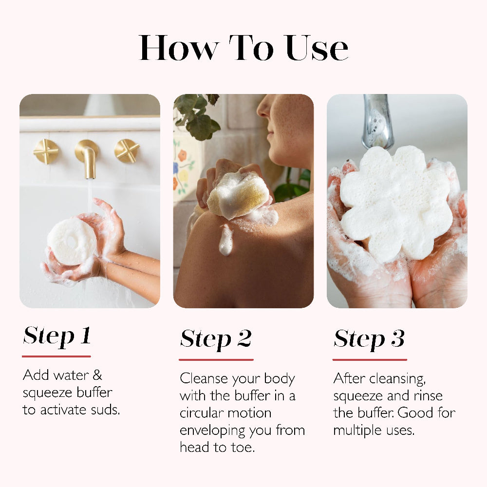 Spongellé Bluey three-piece kids bath buffer gift set instructions graphic