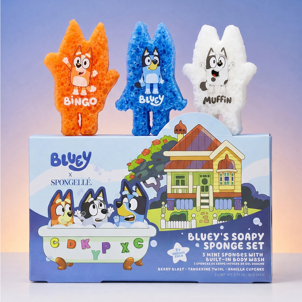 Bluey x Spongellé three-piece bath buffer gift set lifestyle photo